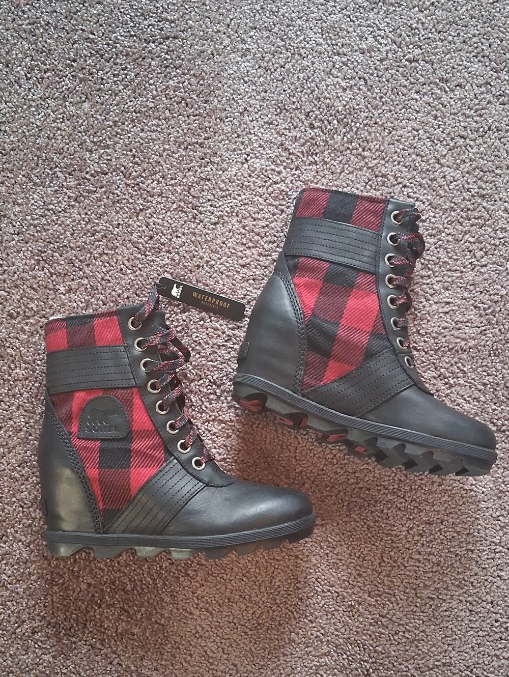Sorel Women’s Black and Red Buffalo Plaid Waterproof Lace-Up Combat Boots